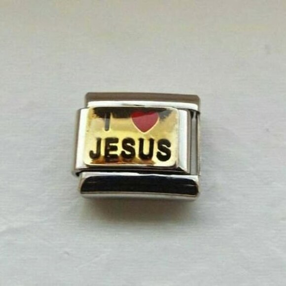 I heart Jesus on gold enamel 9mm stainless steel Italian charm bracelet link new - Picture 1 of 2
